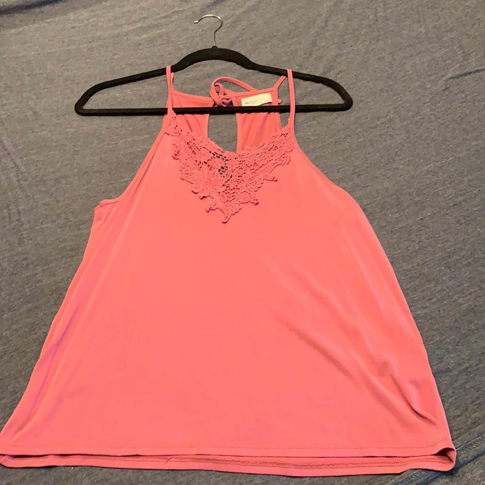 Pink lace covered v neck tank top